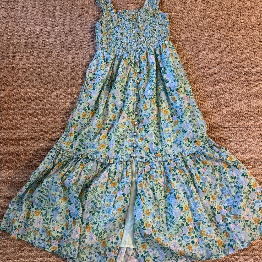 Anthropologie Floral Smocked Dress in Green and Purple